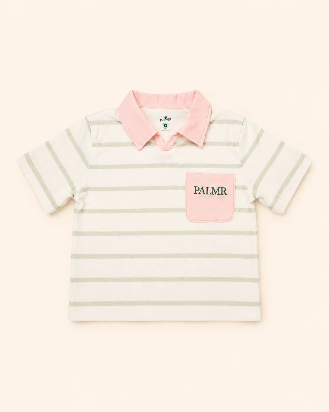 The Cabana Green Stripe Top in cream with palm green collar and pocket, cozy micro-terry fabric, relaxed fit