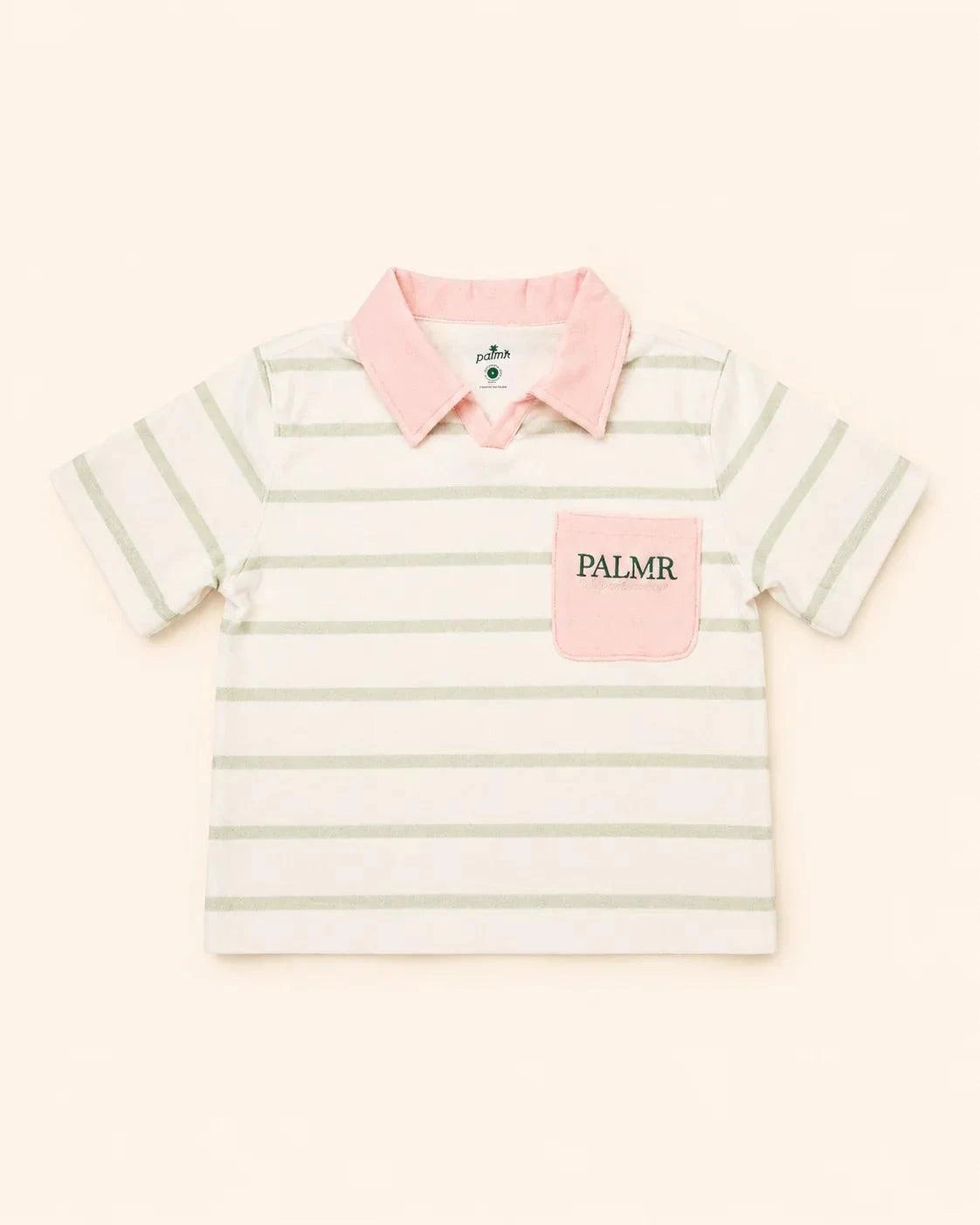 The Cabana Green Stripe Top in cream with palm green collar and pocket, cozy micro-terry fabric, relaxed fit