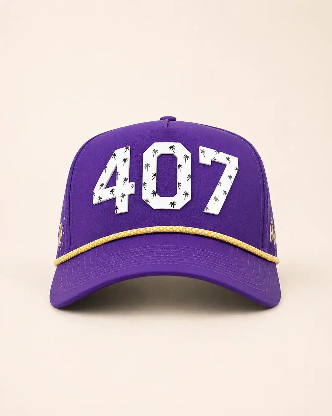 Purple and gold The 407 Hat with white Orlando area code and small palm logo on side
