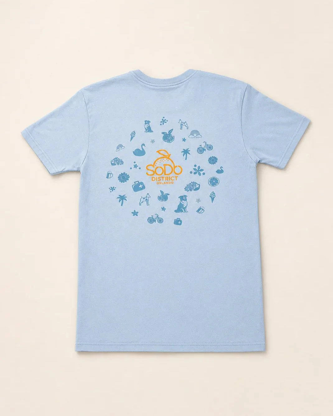 Blue SoDo Neighborhood Tee with orange logo and community icons on back, celebrating local SoDo District pride
