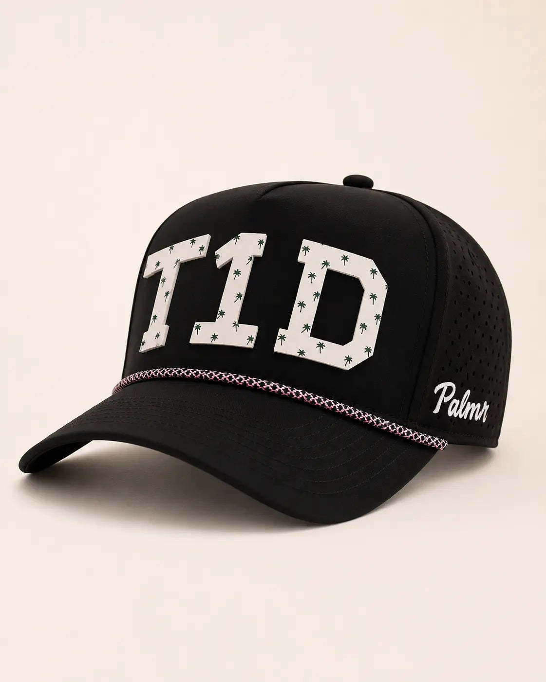 Black cap with 'T1D' and 'Palms' text on a beige background