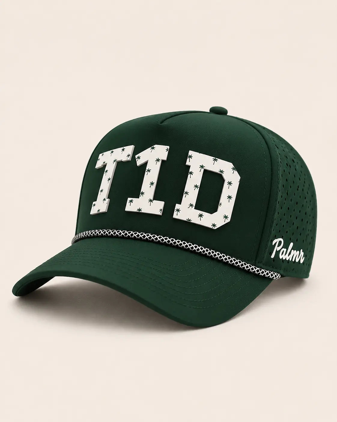 Green cap with 'T1D' and 'Palmer' text on a beige background