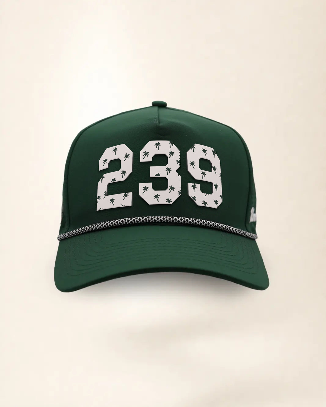 The 239 Signature Hat (Green), front view: white raised 239 with small palm print on a green crown, black and white rope along the brim.
