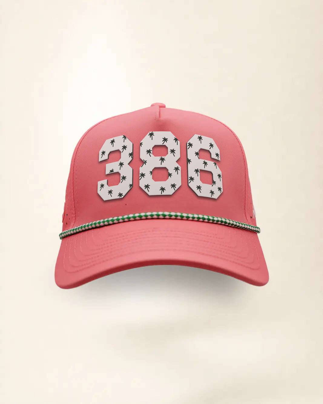 The 386 Signature Hat (Pink), front view: white raised 386 with small palm print on a pink crown, green and white rope along the brim.