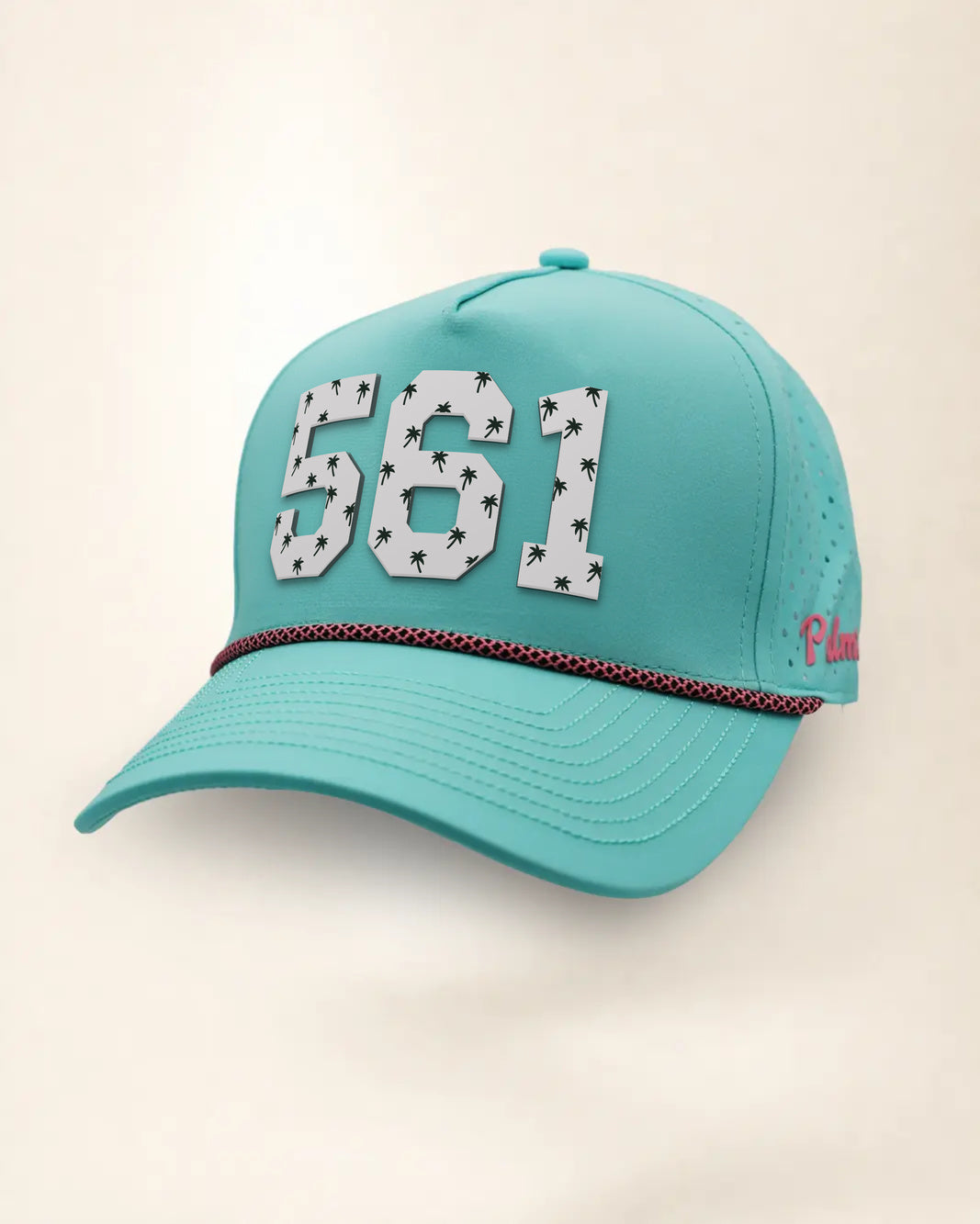 The 561 Signature Hat (Teal), three-quarter view: white raised 561 with small palm print on a teal rope snapback, pink and black rope, pink Palmr script.