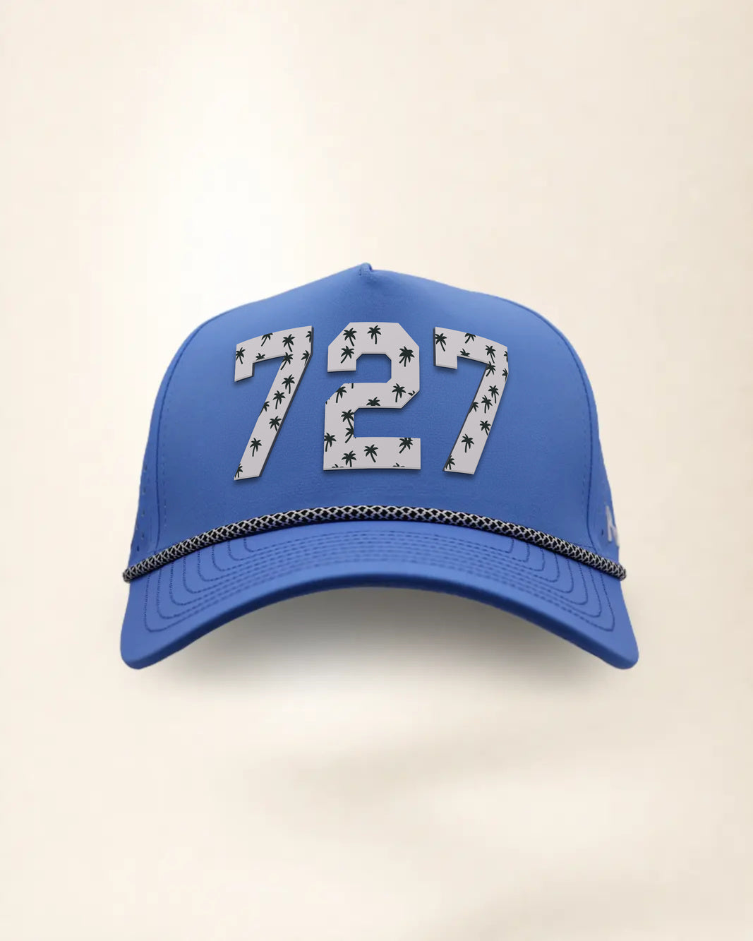 The 727 Signature Hat (Blue), front view: white raised 727 with small palm print on a blue crown, black and white rope along the brim.