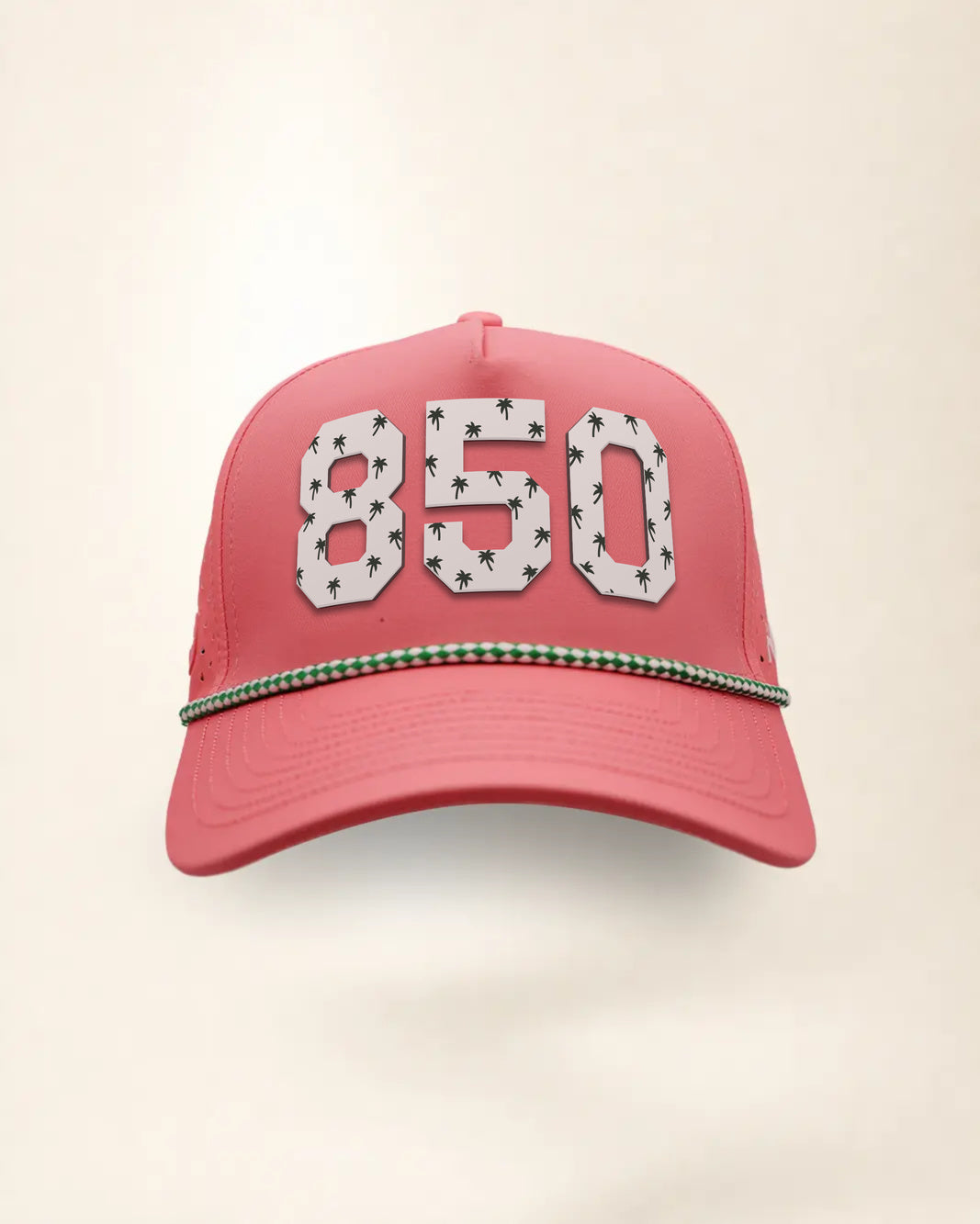 The 850 Signature Hat (Pink), front view: white raised 850 with small palm print on a pink crown, green and white rope along the brim.