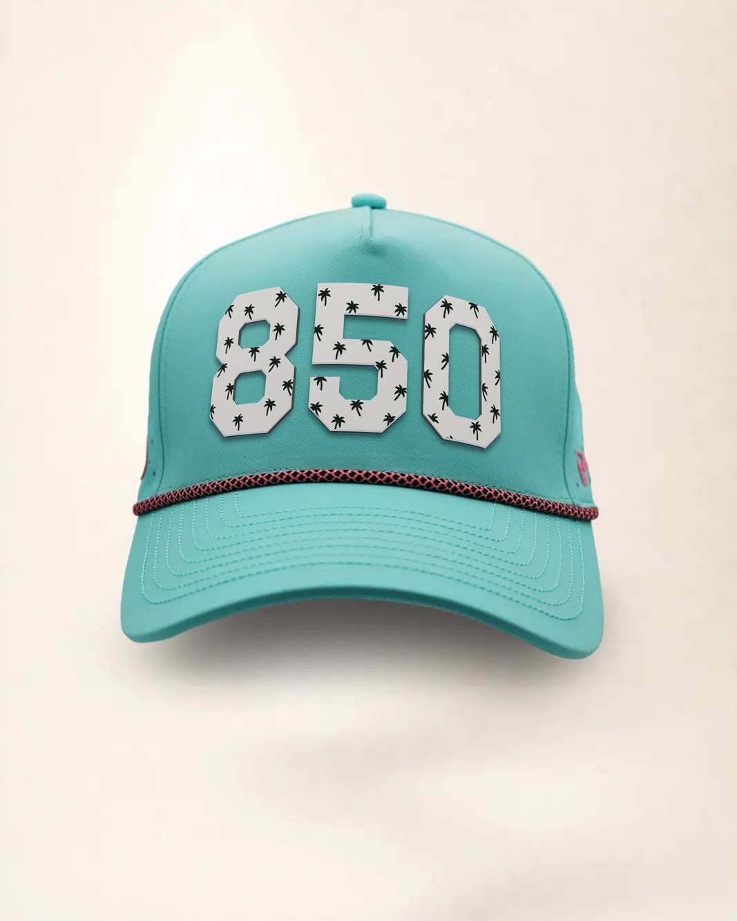 The 850 Signature Hat (Teal), front view: white raised 850 with small palm print on a teal crown, pink and black rope along the brim.