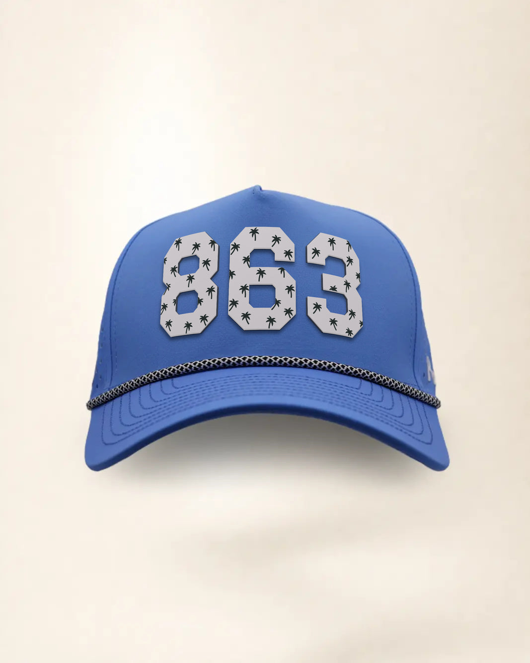 The 863 Signature Hat (Blue), front view: white raised 863 with small palm print on a blue crown, black and white rope along the brim.