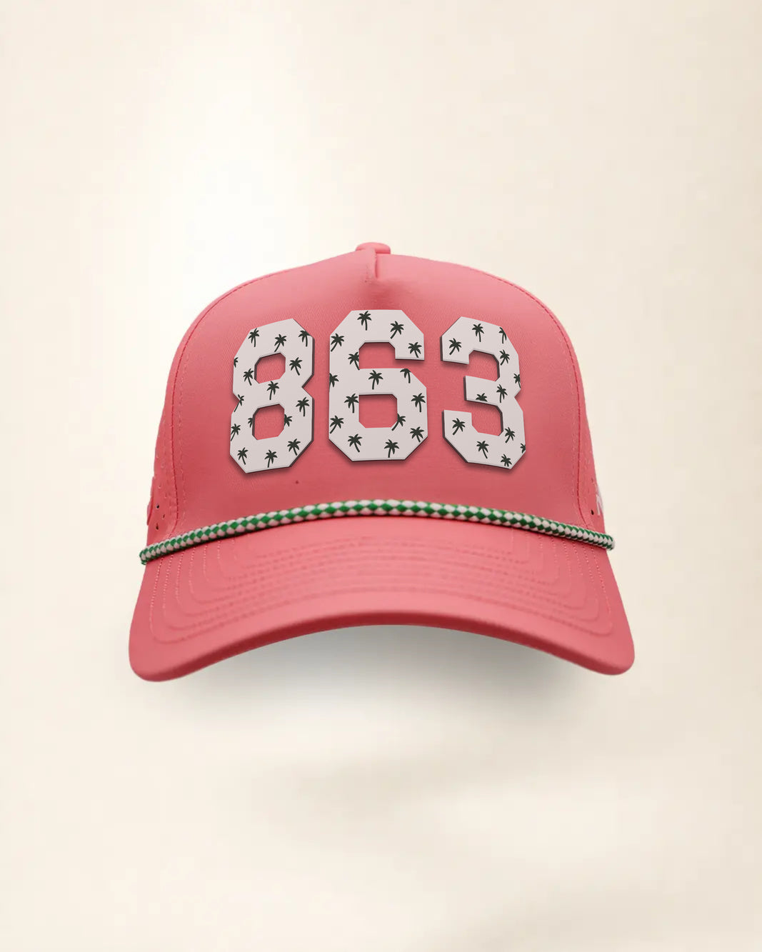 The 863 Signature Hat (Pink), front view: white raised 863 with small palm print on a pink crown, green and white rope along the brim.