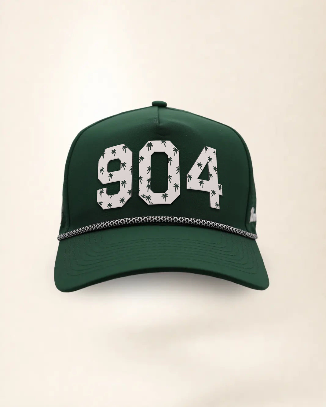 The 904 Signature Hat (Green), front view: white raised 904 with small palm print on a green crown, black and white rope along the brim.