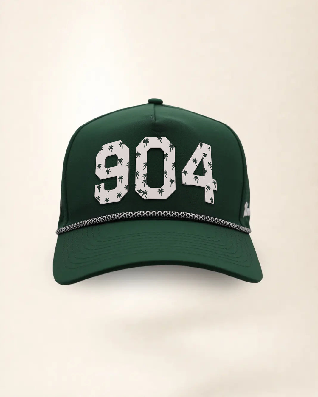 The 904 Signature Hat (Green), front view: white raised 904 with small palm print on a green crown, black and white rope along the brim.