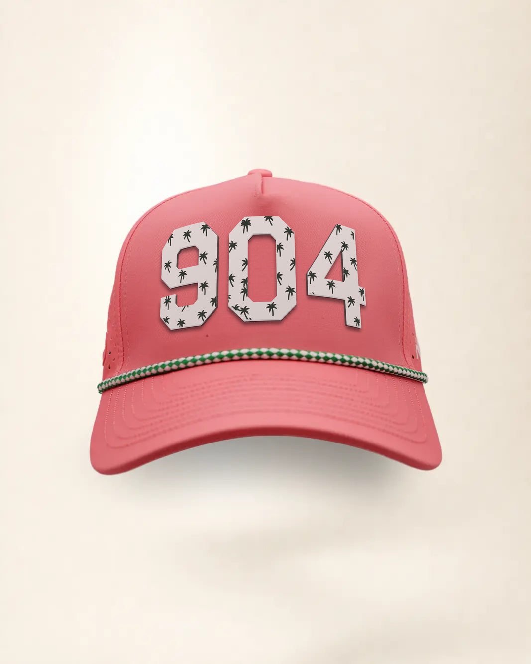 The 904 Signature Hat (Pink), front view: white raised 904 with small palm print on a pink crown, green and white rope along the brim.