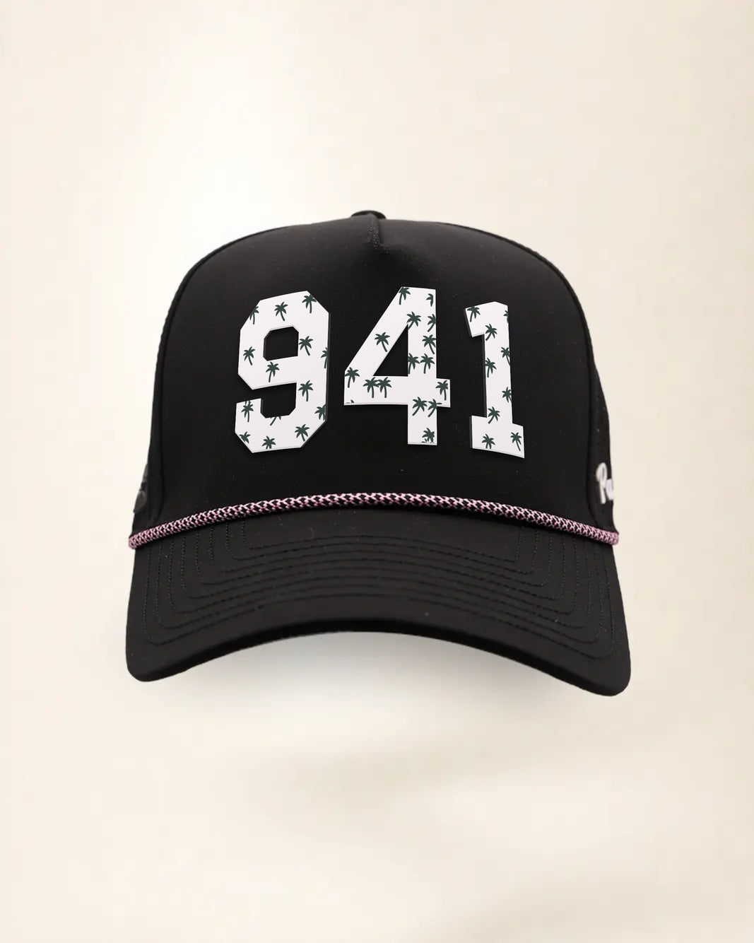The 941 Signature Hat (Black), front view: white raised 941 with small palm print on a black crown, pink and white rope along the brim.