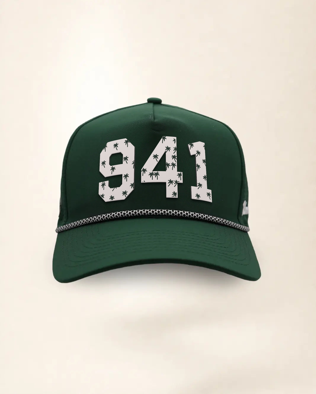 The 941 Signature Hat (Green), front view: white raised 941 with small palm print on a green crown, black and white rope along the brim.