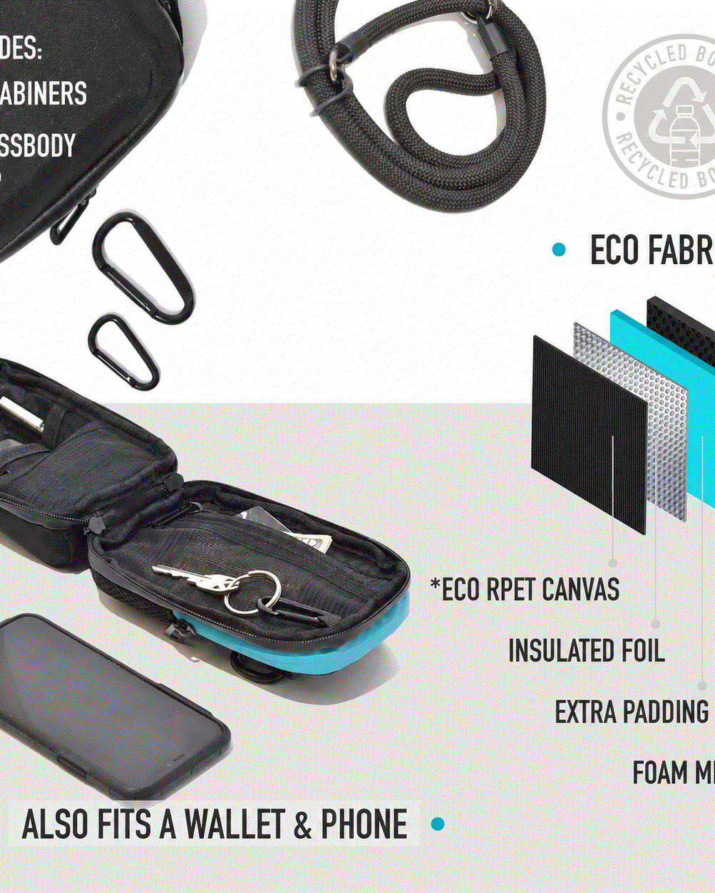 Compact insulated crossbody bag with nylon strap and carabiners for diabetes medication storage