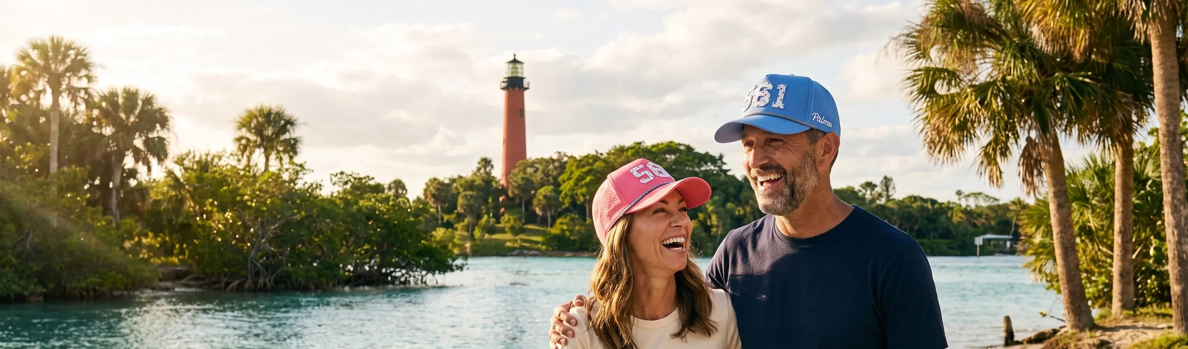 Couple wearing Palmr 561 Signature hats at Jupiter Inlet with the Jupiter Inlet Lighthouse behind them