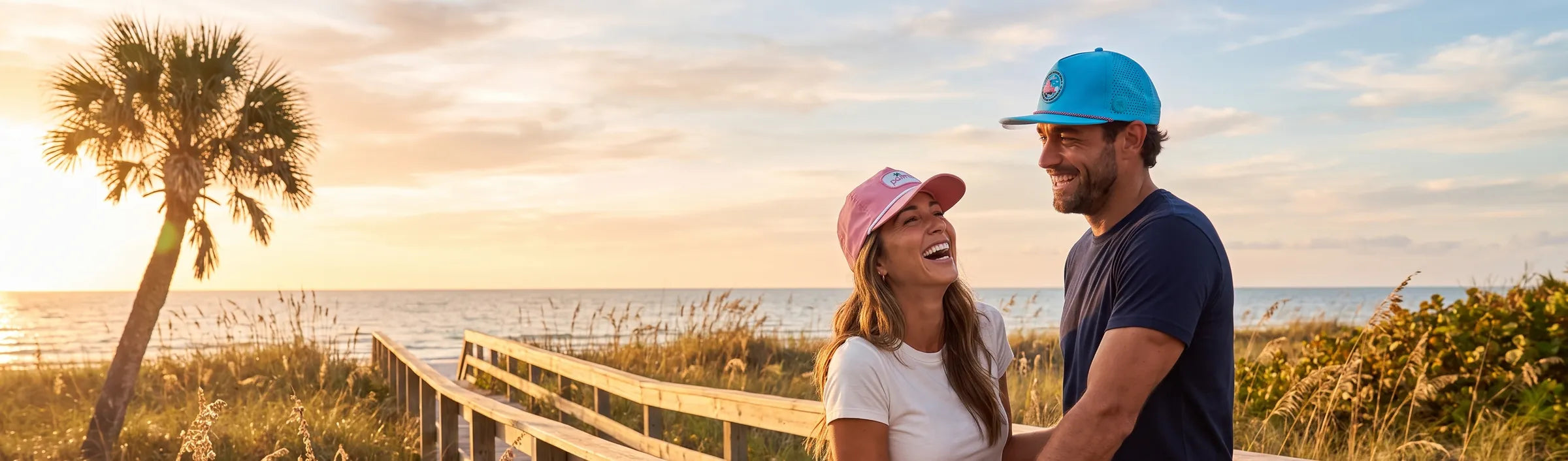 Couple wearing Palmr Originals Blue Crush and Blush rope hats on a beach dune boardwalk at golden hour
