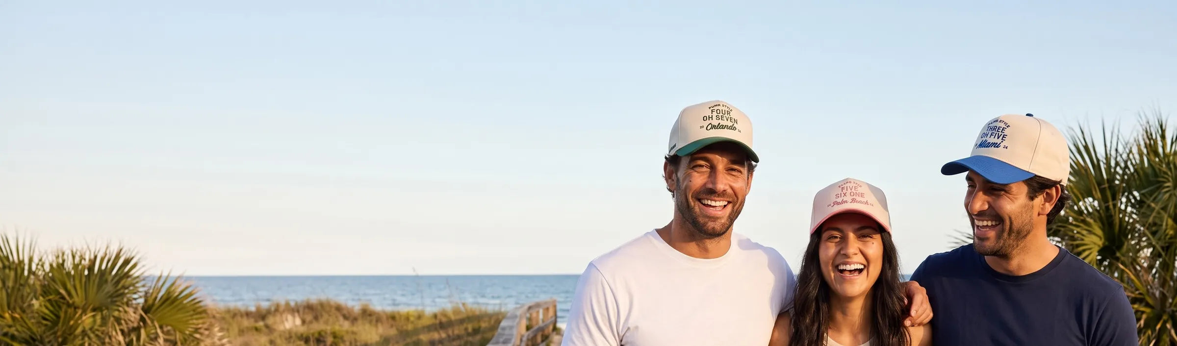 Three friends laughing on a Florida beach boardwalk wearing Palmr Heritage caps that spell out their area codes - Four Oh Seven Orlando, Five Six One Palm Beach and Three Oh Five Miami