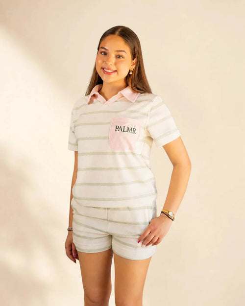 The Cabana Green Stripe Top in cream and palm green with polo collar and pocket detail