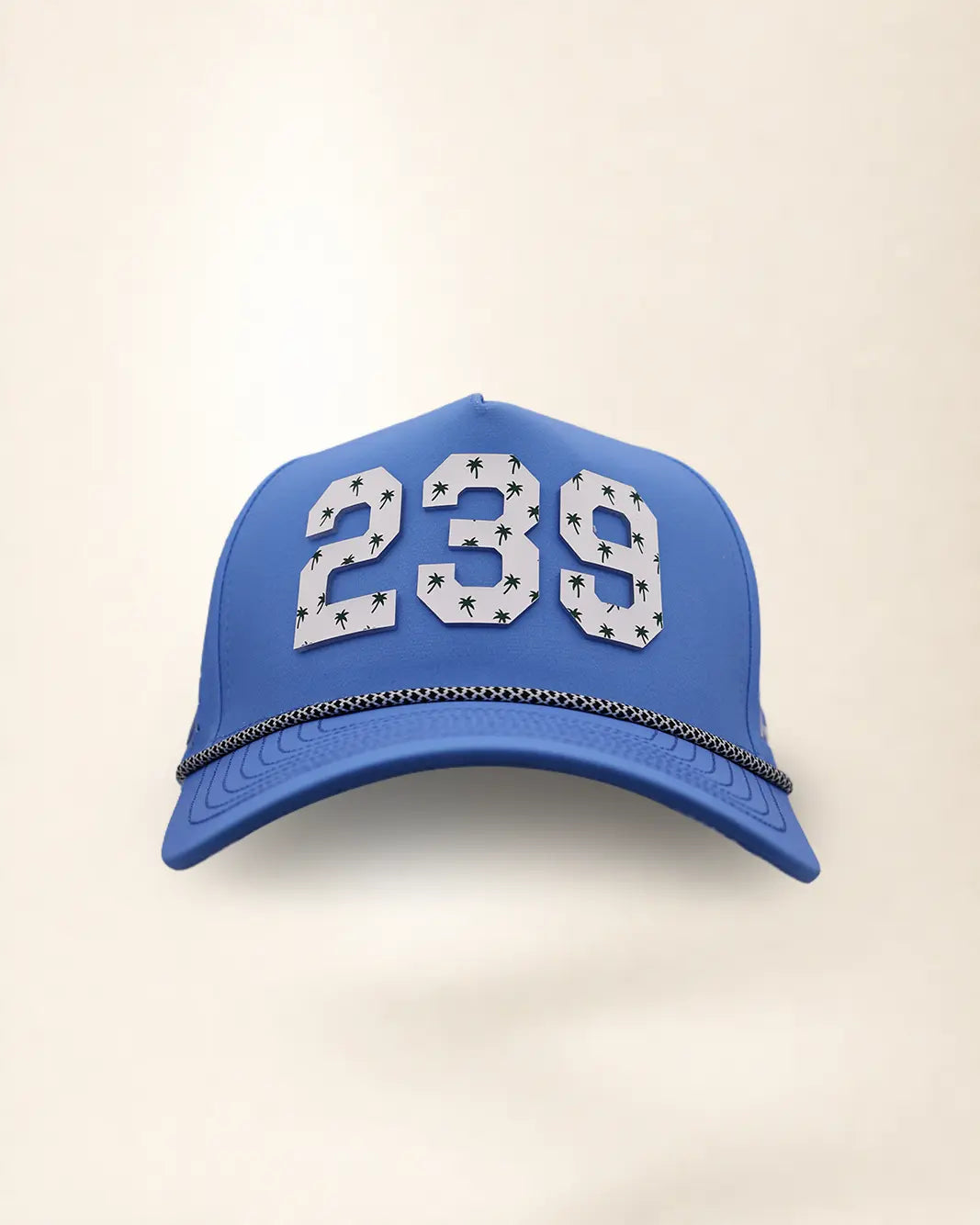 The 239 Signature Hat (Blue), front view: white raised 239 with small palm print on a blue crown, black and white rope along the brim.