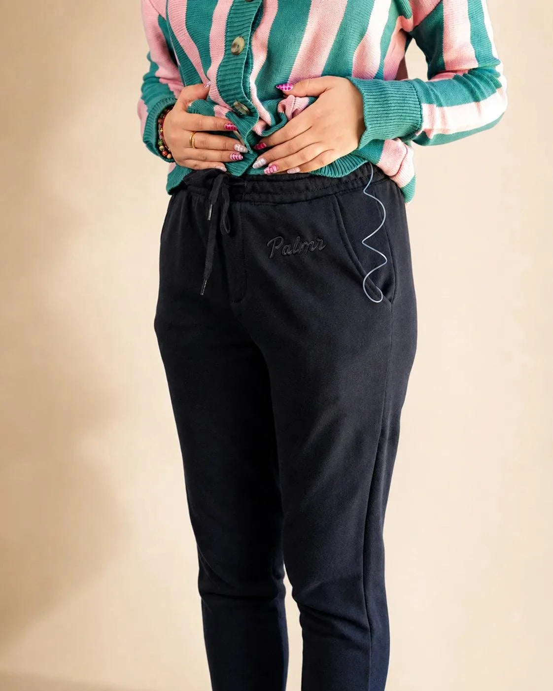 The Palm Shade Sweatpant in soft 80/20 ringspun cotton-poly fleece with relaxed fit, elastic waist, and embroidered Palmr logo