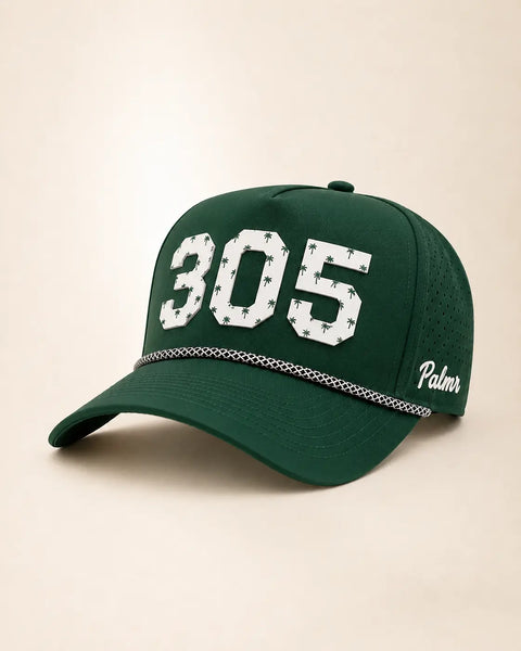 The 305 Signature Hat (Green): dark green rope snapback with 305 in white palm-print letters, black-and-white rope on the brim, perforated sides.