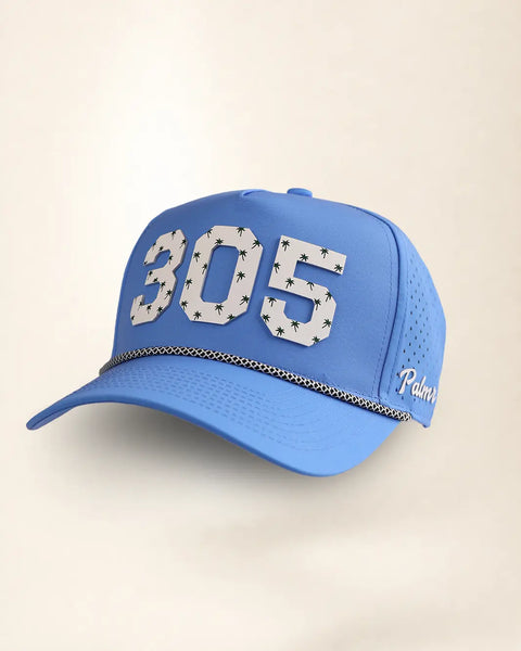 The 305 Signature Hat (Blue): blue rope snapback with 305 in white palm-print letters, black and white rope on the brim, Palmr script on the side.