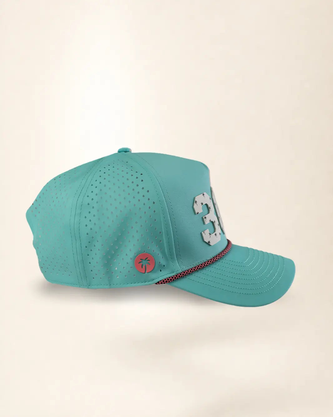 A turquoise blue baseball cap with a perforated front panel, featuring a white embroidered '350' on the front, a small red circular palm tree logo on the side, and a thin red and black striped accent line along the edge of the brim.