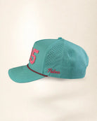 A teal mesh baseball cap with pink embroidered details, including a large '5' on the front and 'Palmr' on the side, shown against a plain cream background.