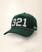The 321 Signature Hat (Green): dark green rope snapback with 321 in white palm-print letters, black and white brim rope, Palmr script on the side.