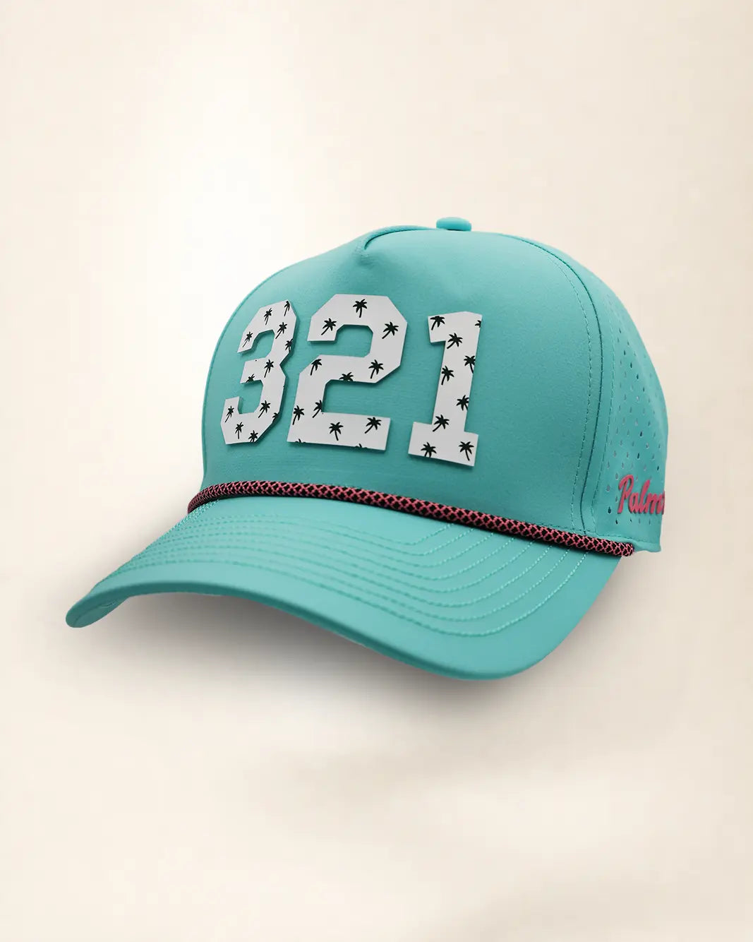 A teal baseball cap featuring the number '321' in white varsity-style lettering with palm patterns on the front, a thin white and pink chain detail across the visor, and 'Palmr' embroidered in pink on the side, set against a plain off-white background.