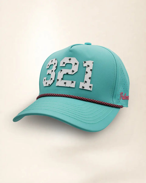 The 321 Signature Hat (Teal), three-quarter view: white raised 321 with small palm print on a teal rope snapback, pink and black rope, pink Palmr script.