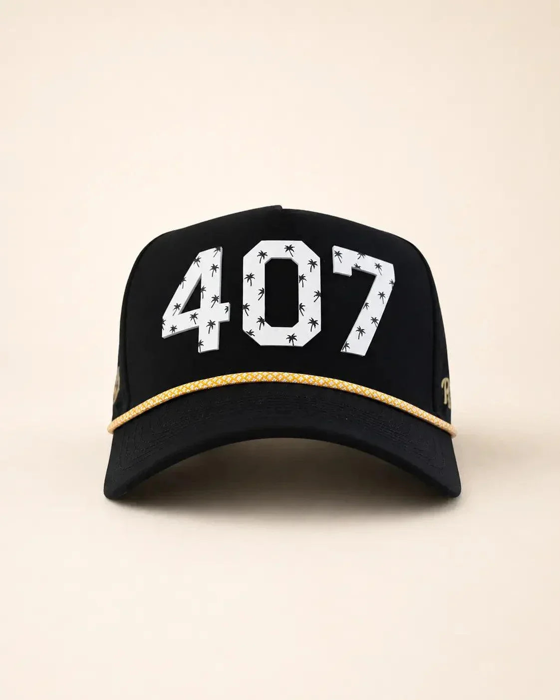 The 407 Signature Hat in black and gold with Orlando area code and gold rope detailing