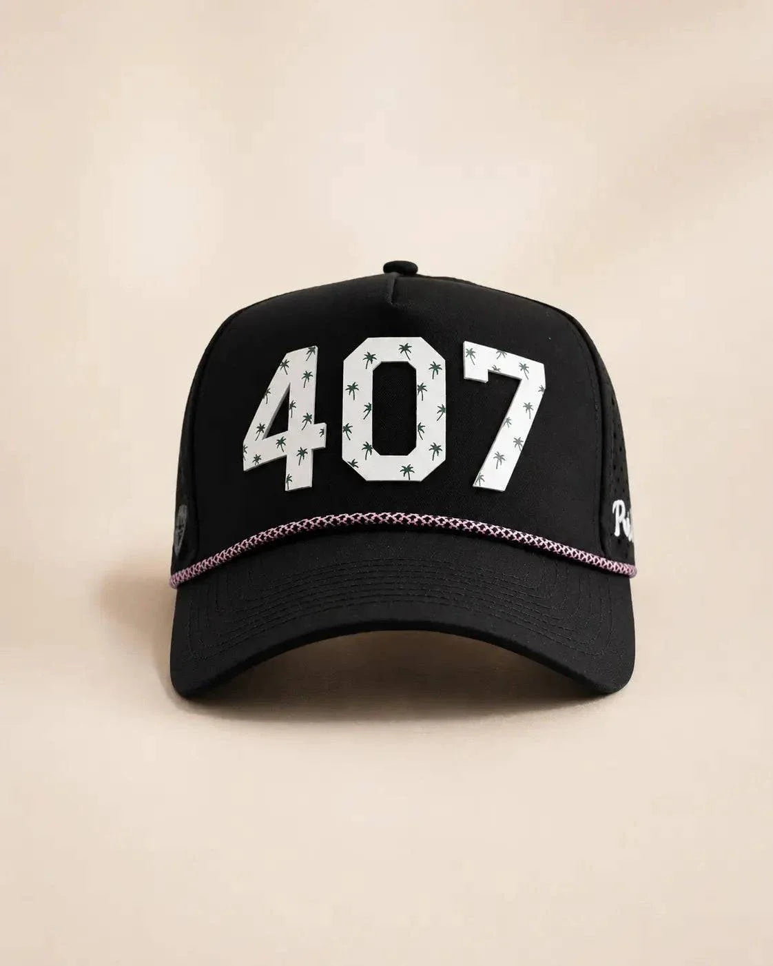 Black The 407 Hat with white silicone Orlando area code and palm design on structured rope cap, water-resistant fabric