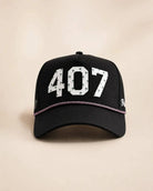 Black The 407 Hat with white silicone Orlando area code and palm design on structured rope cap, water-resistant fabric