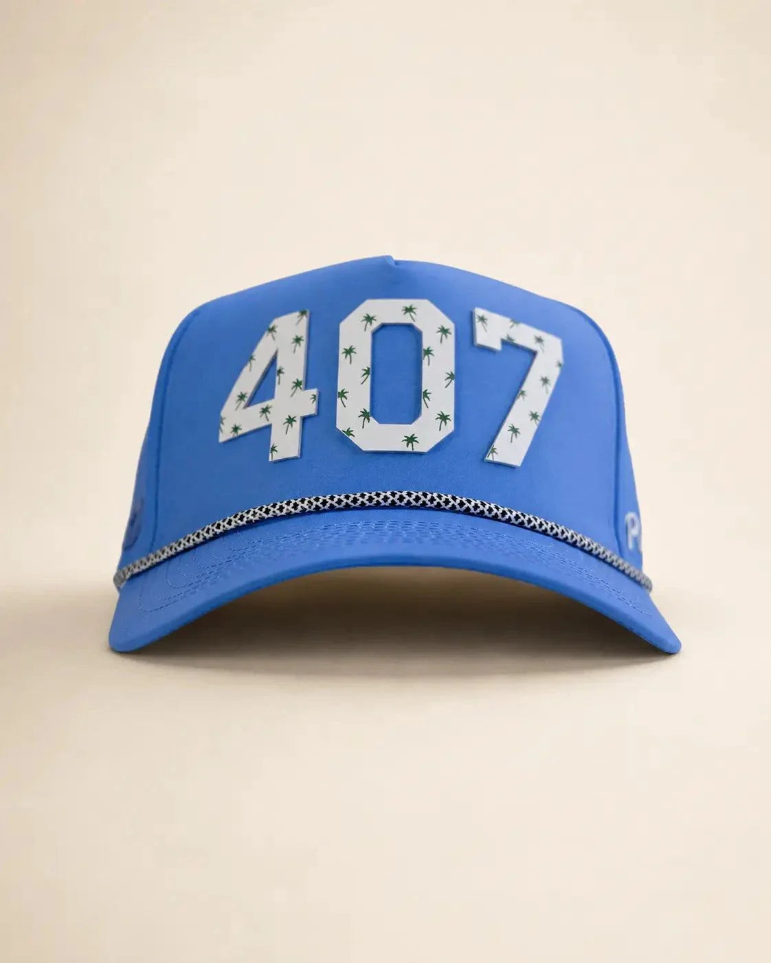 Blue The 407 Hat with white silicone area code and palm design on structured rope front