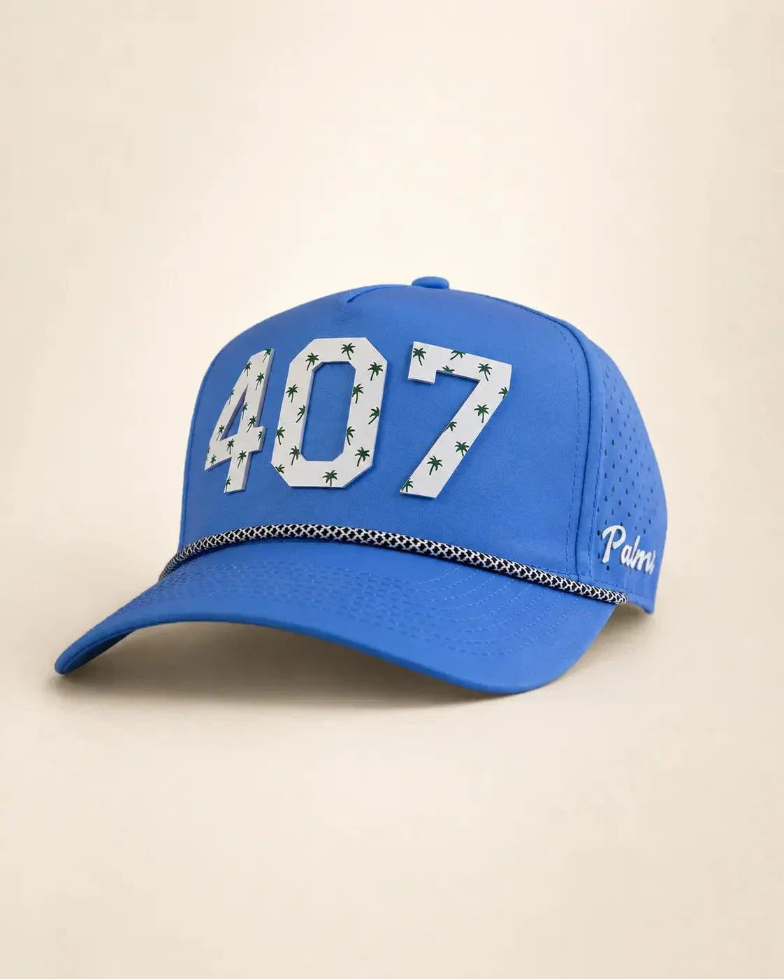 Blue 407 Hat with white silicone area code and palm design, water-resistant and breathable for lake days and boating