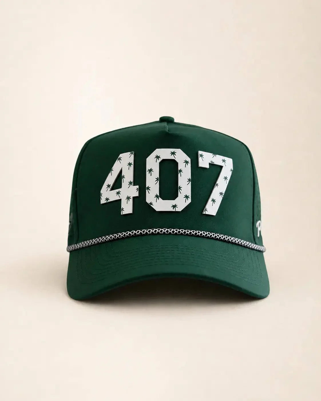 Palm green 407 Signature Hat with raised white silicone Orlando area code and palm design on structured rope front