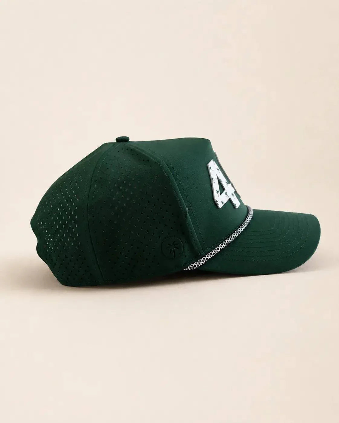 Palm green 407 Signature Hat with white raised silicone area code and palm design on structured rope front