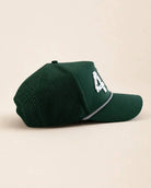 Palm green 407 Signature Hat with white raised silicone area code and palm design on structured rope front