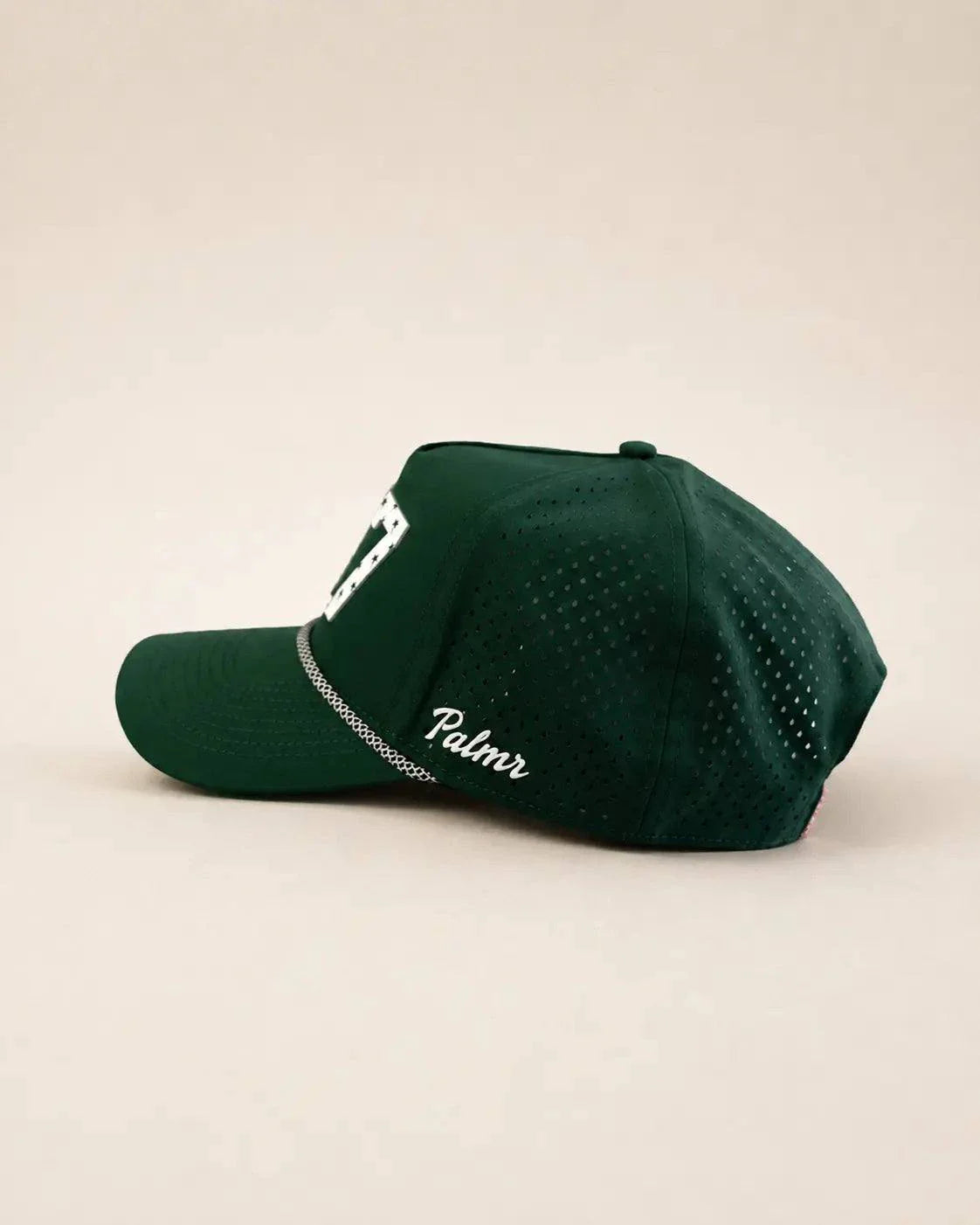 Palm green 407 Signature Hat with white raised silicone area code and palm design on structured rope front
