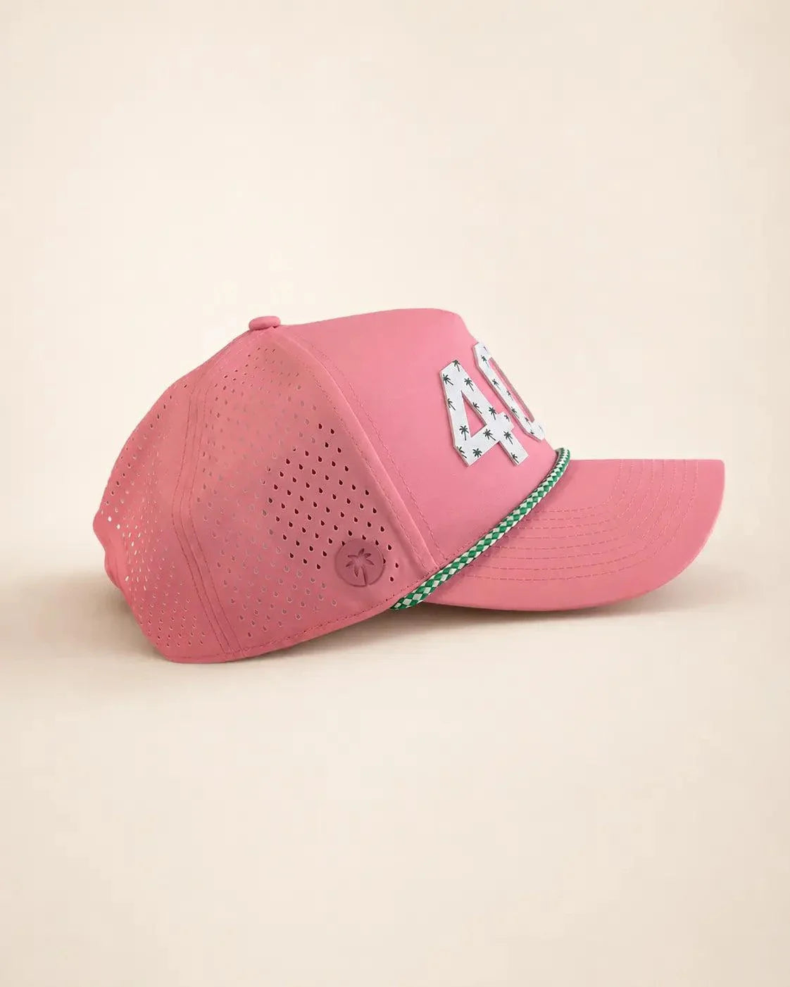 Pink 407 Hat with white Orlando area code and palm design, water-resistant and structured rope cap for Florida heat
