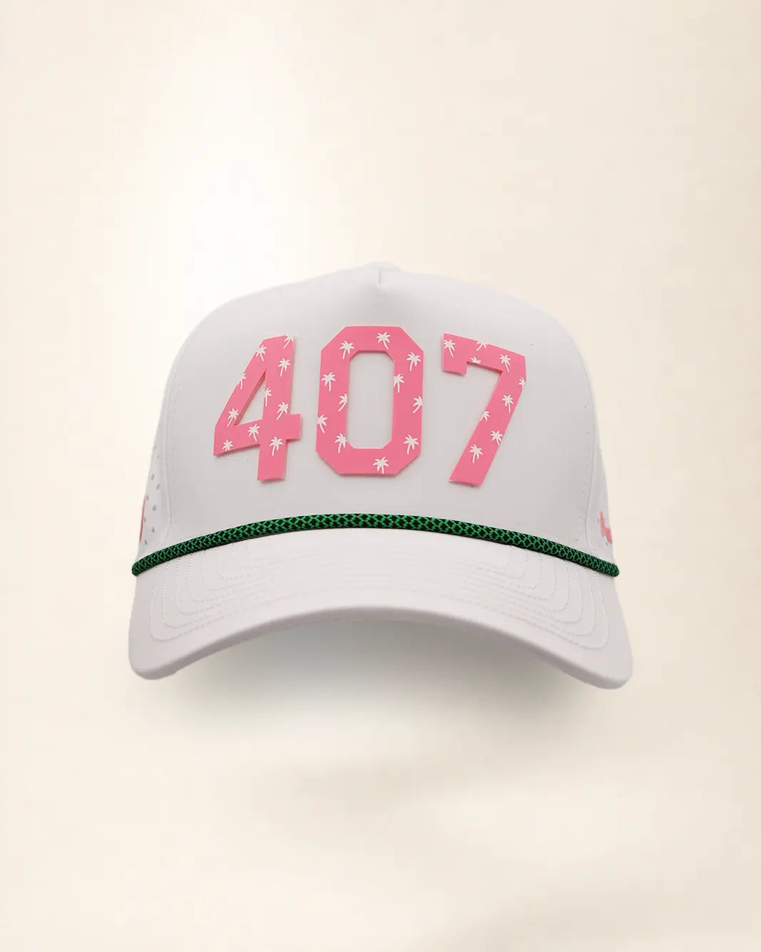 The 407 Signature Hat (Pink on white): white rope snapback with 407 in pink palm-print letters, pink rope, perforated sides, pink Palmr script.