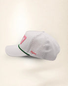 The 407 Signature Hat (Pink on white): white rope snapback with 407 in pink palm-print letters, pink rope, perforated sides, pink Palmr script.