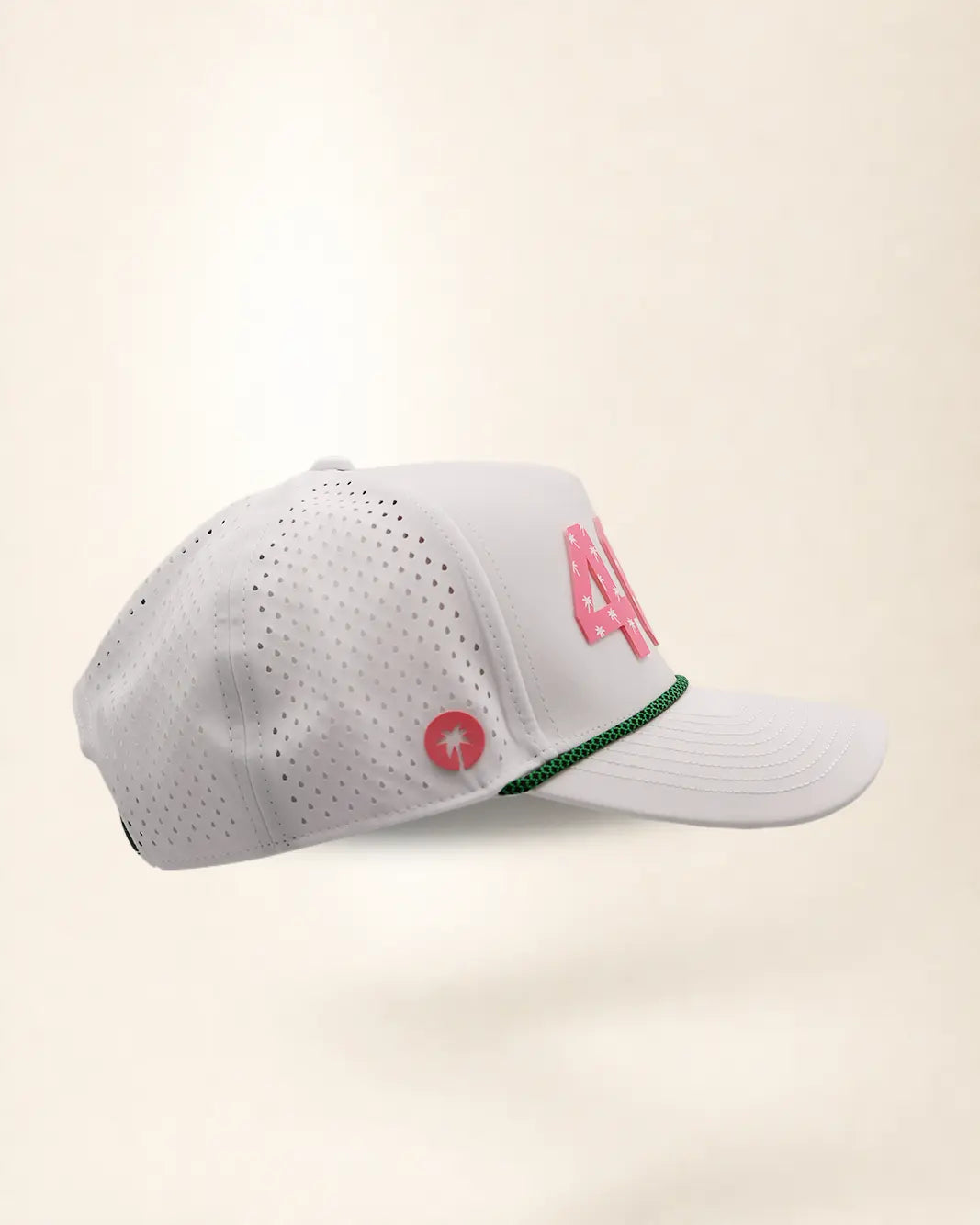 The 407 Signature Hat (Pink on white): white rope snapback with 407 in pink palm-print letters, pink rope, perforated sides, pink Palmr script.