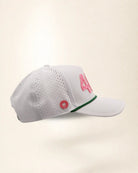 The 407 Signature Hat (Pink on white): white rope snapback with 407 in pink palm-print letters, pink rope, perforated sides, pink Palmr script.