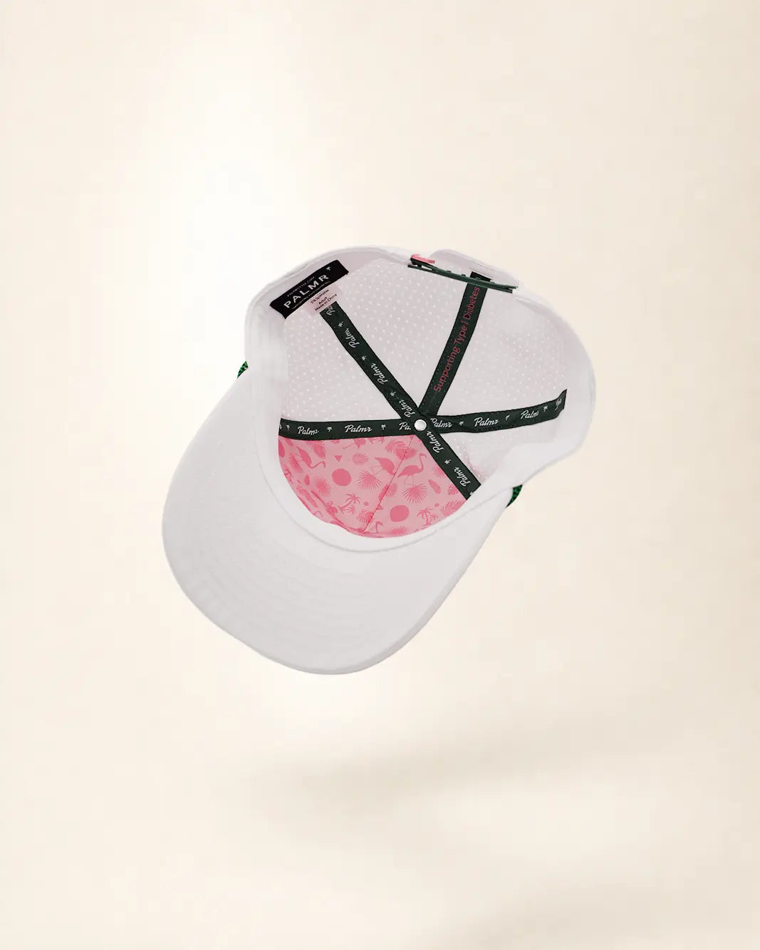 The 407 Signature Hat (Pink on white): white rope snapback with 407 in pink palm-print letters, pink rope, perforated sides, pink Palmr script.