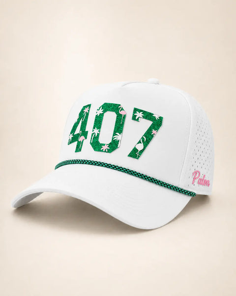 The 407 Hat (White) - Classic: white rope snapback, 407 in green palm and flamingo print letters, green rope on the brim, Palmr script on the side.