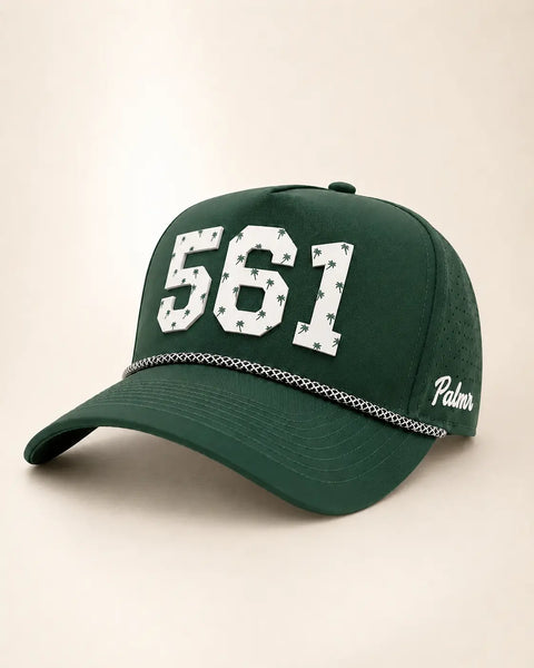 The 561 Signature Hat (Green): dark green rope snapback, white 561 with small green palm trees, black and white braided rope, perforated sides.